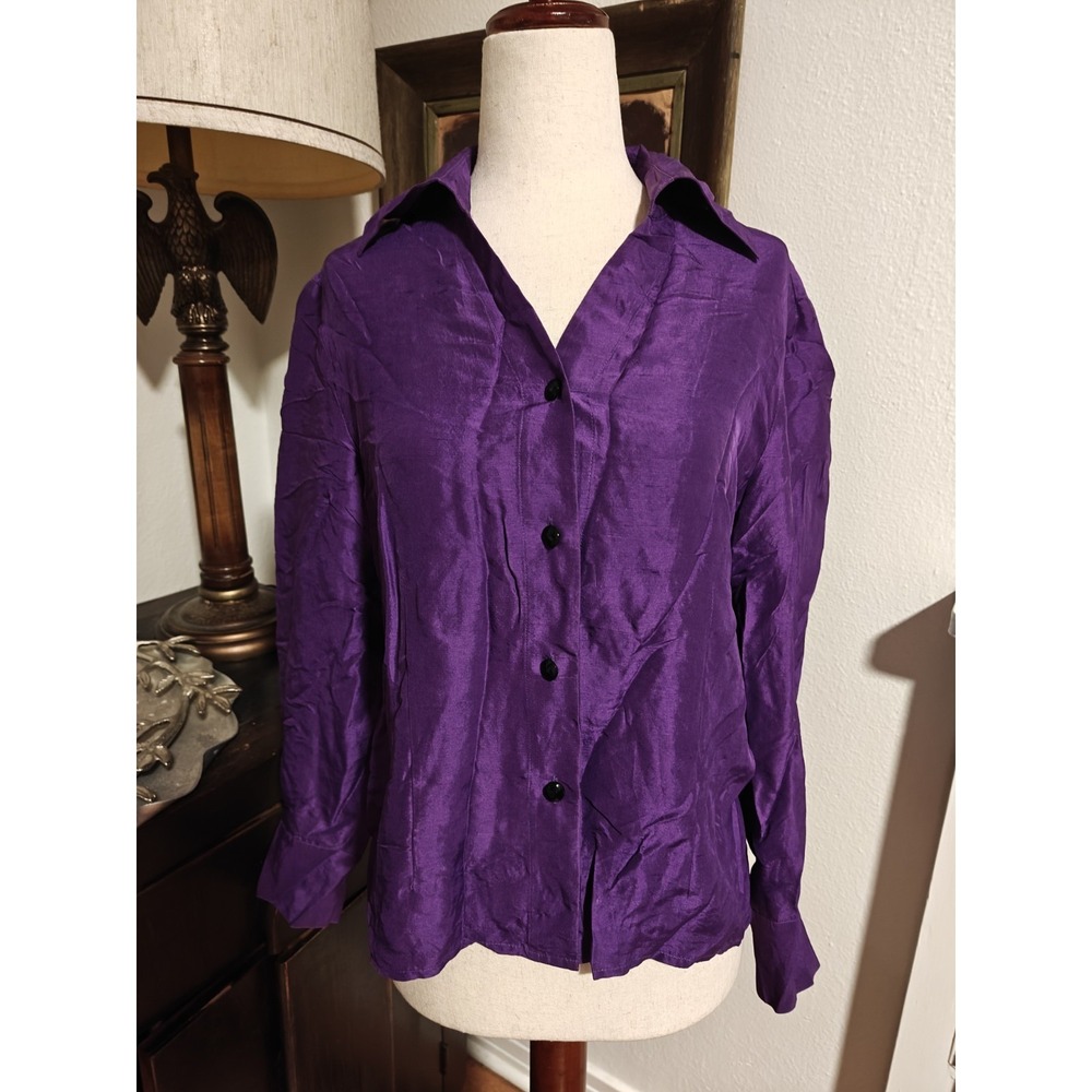 Anna & Frank Womens Silk Long Sleeve Button-Up Shirt Petite Small Purple - Picture 1 of 8